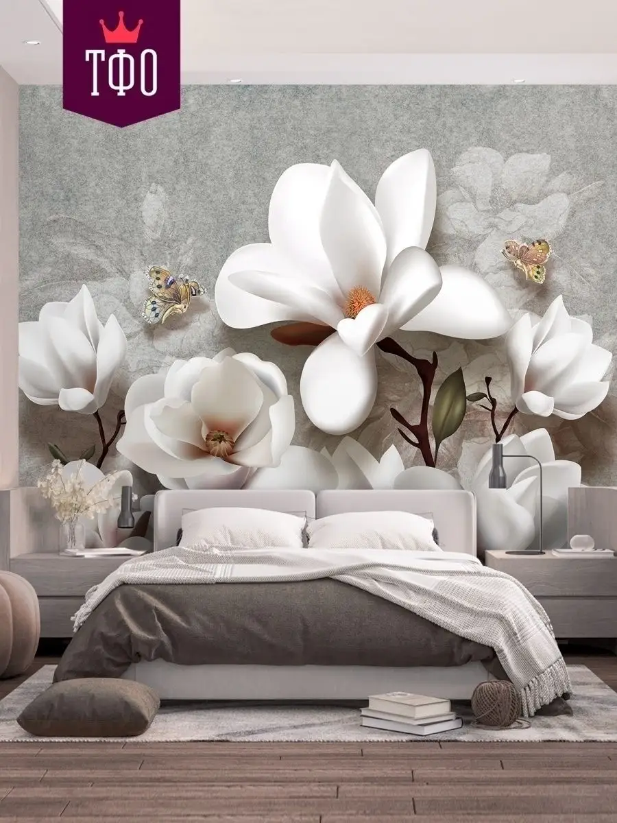 Флизелиновые фотообои цветы в интерьере спальни 254x184 см Женщина с розой (12568V4)+клей