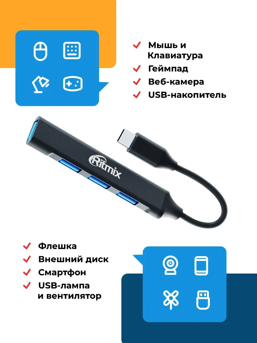 CR-4401 переходник USB type C разветвитель для телефона Ritmix купить по  цене 532 ₽ в интернет-магазине Wildberries | 63407194