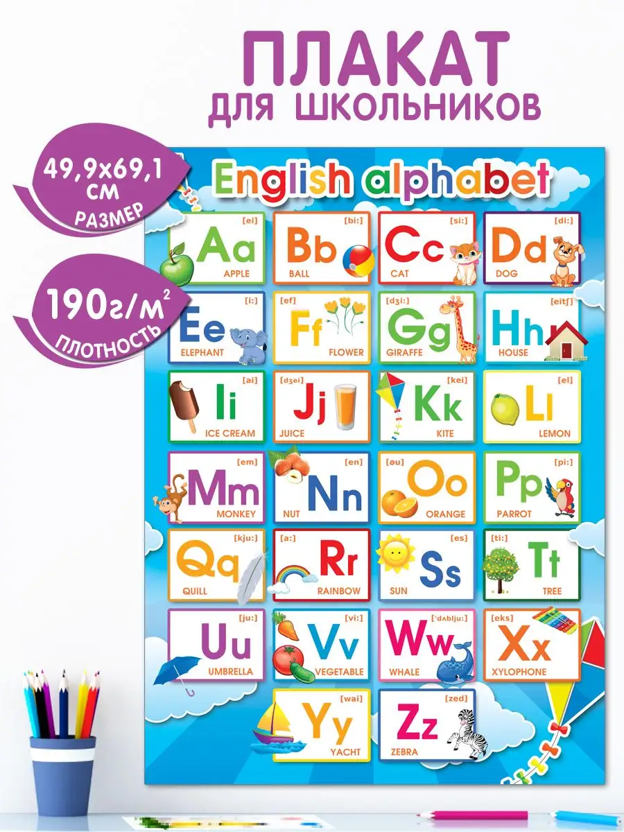 Английский алфавит с картинками плакат на стену для детей Мир открыток  купить по цене 192 ₽ в интернет-магазине Wildberries | 63770343