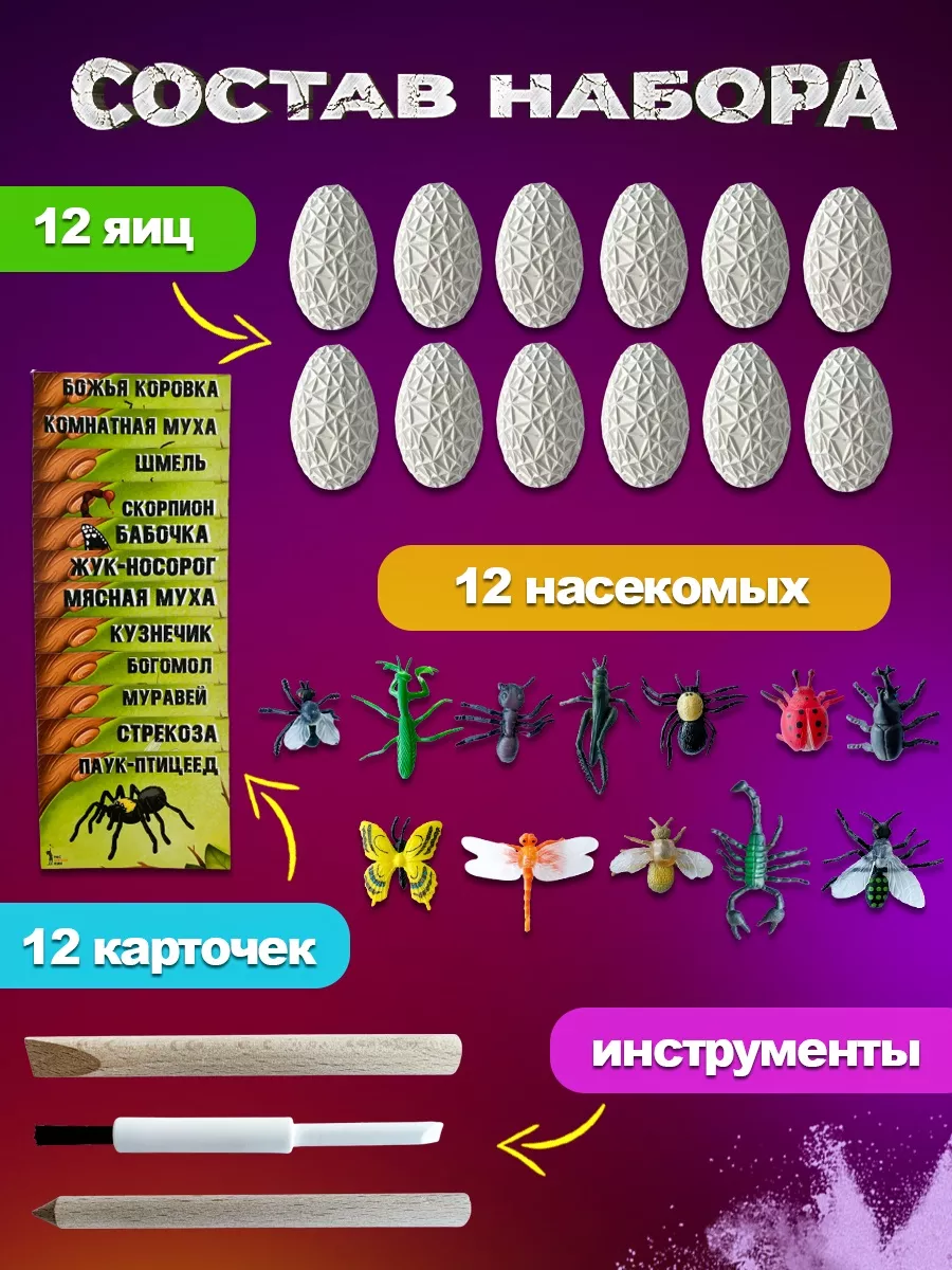 Раскопки для детей Насекомые 12 яиц Раскопайкин купить по цене 740 ₽ в  интернет-магазине Wildberries | 68670647